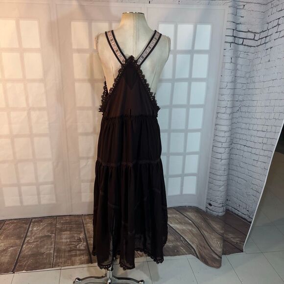 Utcoco Brown Embroidered Square Neck Tiered Maxi Jumper Apron Dress Medium - Picture 10 of 15